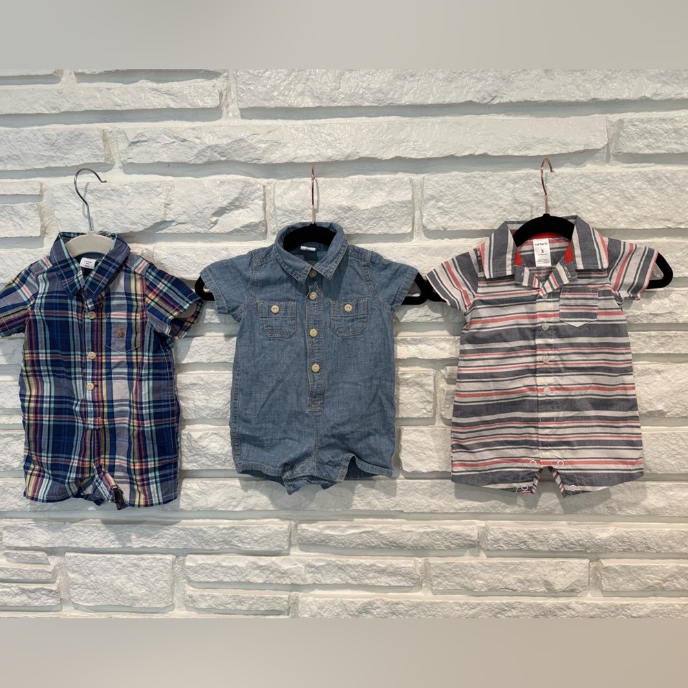 3 Short Sleeve Baby Rompers, Size 0-3M